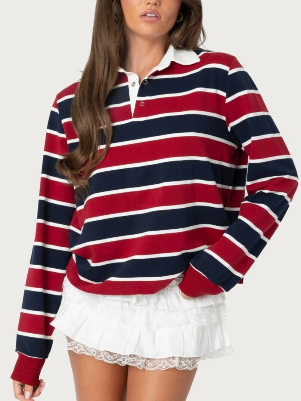 Edikted Striped Long Sleeve Polo Top Red Navy White M
